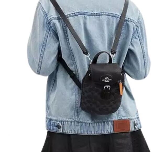 Coach Black Denim Convertible Backpack and Small Zip Around Wallet Set Silver HW - Picture 3 of 12